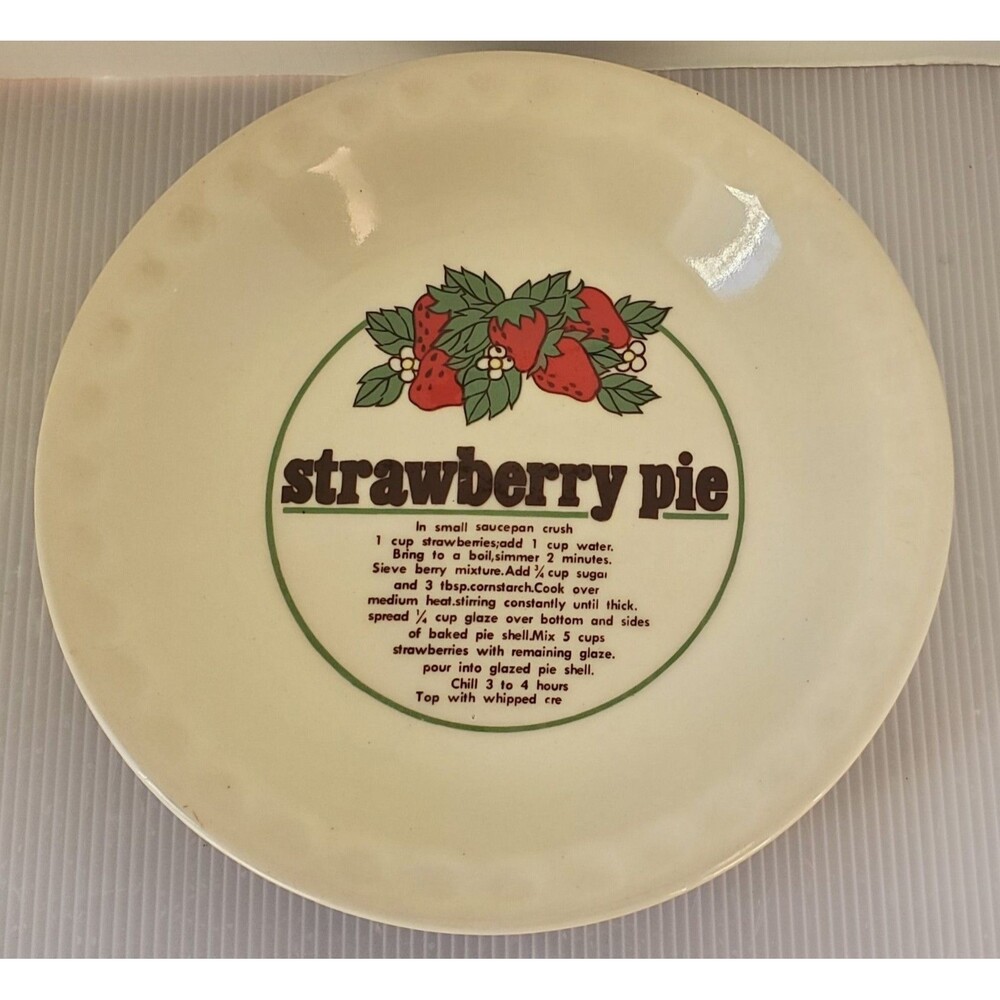 Strawberry Pie Plate Vintage Ceramic Recipe Baking Dish 10" Farmhouse Cottage